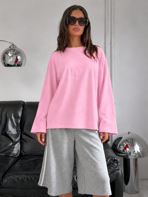 Öz Pamuk Kadın Soft  Bisiklet Yaka Oversize Içi Polarlı Uzun Geniş Kollu Sweatshirt