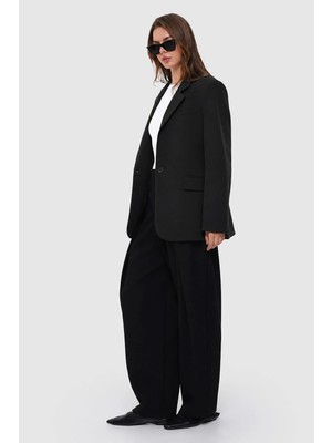 Thalure Kadın Siyah Tek Düğmeli Oversize Blazer