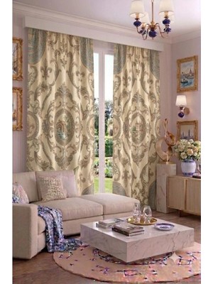 Modern Vintage Desenli Fon Perdesi 100 x 250 cm 1 Kanat Dekoratif Dijital Baskılı Premium Salon Oturma Odası Yatak Odası Pencere Perdesi