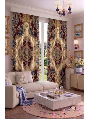 Modern Vintage Desenli Fon Perdesi 140X260 cm 2 Kanat Dekoratif Dijital Baskılı Premium Salon Oturma Odası Yatak Odası Pencere Perdesi