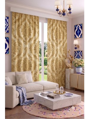 Modern Vintage Desenli Fon Perdesi 140X260 cm 2 Kanat Dekoratif Dijital Baskılı Premium Salon Oturma Odası Yatak Odası Pencere Perdesi
