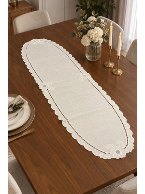 Denef Home Oval Güllü - Runner Delik Işi Krem - 33X120 cm 1 Adet