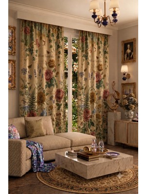 Modern Vintage Desenli Fon Perdesi 100 x 250 cm 1 Kanat Dekoratif Dijital Baskılı Premium Salon Oturma Odası Yatak Odası Pencere Perdesi