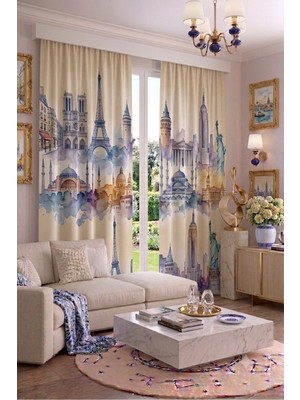 Modern Vintage Desenli Fon Perdesi 100 x 250 cm 1 Kanat Dekoratif Dijital Baskılı Premium Salon Oturma Odası Yatak Odası Pencere Perdesi