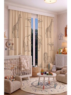 Bebek Çocuk Odası Fon Perdesi 140X260 cm 2 Kanat Sevimli Desenli Dekoratif Dijital Baskılı Premium Çocuk Odası Perdesi