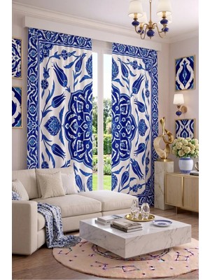 Modern Vintage Desenli Fon Perdesi 140X260 cm 2 Kanat Dekoratif Dijital Baskılı Premium Salon Oturma Odası Yatak Odası Pencere Perdesi