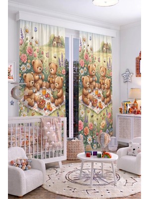 Bebek Çocuk Odası Fon Perdesi 140X260 cm 2 Kanat Sevimli Desenli Dekoratif Dijital Baskılı Premium Çocuk Odası Perdesi