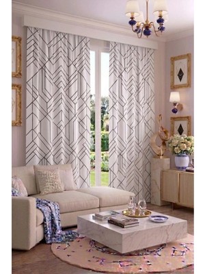 Modern Geometrik Desenli Fon Perdesi 140X260 cm 2 Kanat Dekoratif Dijital Baskılı Premium Salon Oturma Odası Yatak Odası Pencere Perdesi