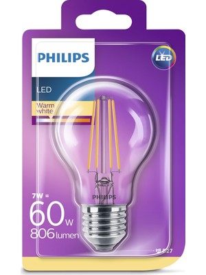 Philips LED Ampul A60 E27 60W 2700K Sarı Işık Filament Özellikli Enerji Tasarruflu