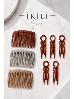 İnvictus Design Invictus Design Kadın 2'li Set 5 Parça Kahverengi Gizli Topuz Tokası ve 3 Parça Fransız Tarak Toka Saç Düzenleyici Pin Firkete Çatal