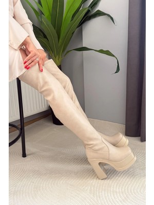 Preshley Kadın Lavin Bej Diz Üstü 12 cm Platform Topuklu Çizme
