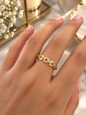 Mare Butik Zirkon Taş Detaylı Zincir Model Gold Çelik Yüzük