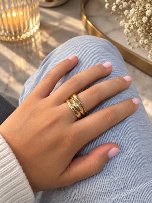 Mare Butik Gold Akış Formlu Üçlü Çelik Yüzük Seti