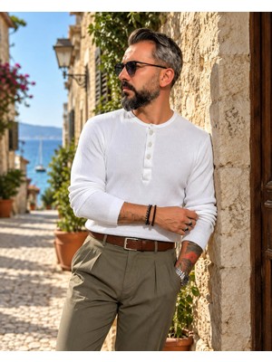 Higo Man Erkek Henley Yaka Kaşkorse Fitilli Uzun Kollu Tişört