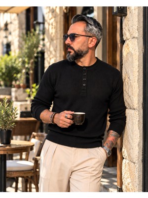 Higo Man Erkek Henley Yaka Kaşkorse Fitilli Uzun Kollu Tişört