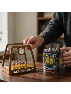 Keyfim Shop Kişiye Özel Isimli Ahşap Masaüstü Saatli Newton Denge Topları ve Kurt Kupa