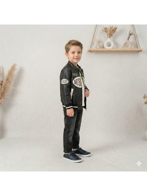 Minimoa Kids Erkek Çocuk Siyah Suni Deri Motorcu Tarz Fermuarlı Mont