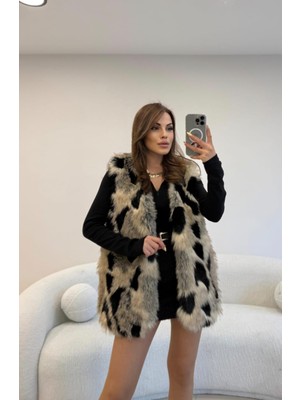 Qimya Butik Robin Kadın Iri Desenli Hakim Yaka Oversize Aras Boy Suni Kürk Yelek