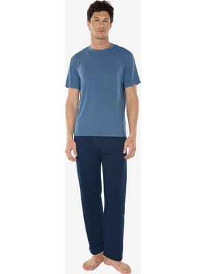 Malabadi Erkek Mavi Bisiklet Yaka Micro Modal Extra Yumuşak Yazlık Pijama Takımı 6030