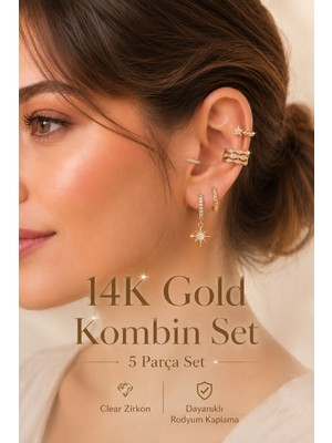 Sacce Scarves & Accessories 5 Parça 14K Gold Kulak Kombin Seti Zirkon Taşlı Küpe ve Earcuff