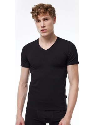 Malabadi Erkek Siyah V Yaka Kısa Kollu Modal T-Shirt Body 032
