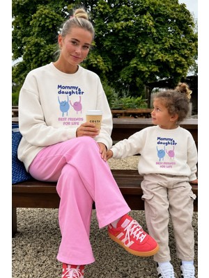 Monila Kadın Premium Kumaş 3 Iplik Şardonlu Anne Kız Baskılı Sweatshirt