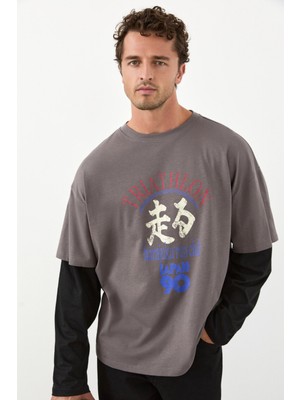 Grimelange Trıathlon Erkek Organik Pamuklu Çift Görünümlü Uzun Kollu Gri / Siyah T-Shirt