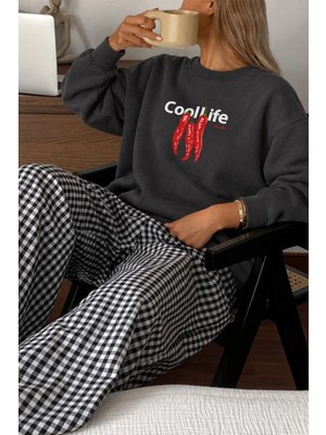 Monila Kadın Premium Kumaş 3 Iplik Şardonlu Biber Baskılı Sweatshirt