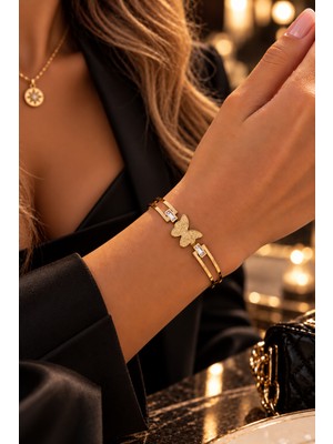 Adata Jewelry Çelik Farfalla Zirkon Taşlı Luxury Kelepçe Bileklik Gold