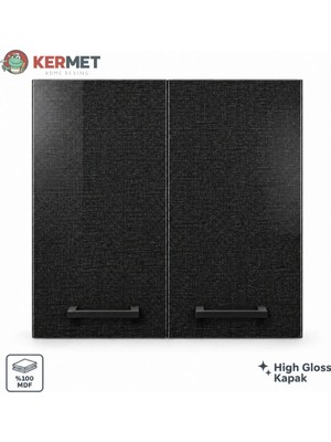 Kermet Home Kermethome 60 cm %100 Mdf Mutfak Üst Dolabı 2 Kapaklı Raflı Siyah Hasır
