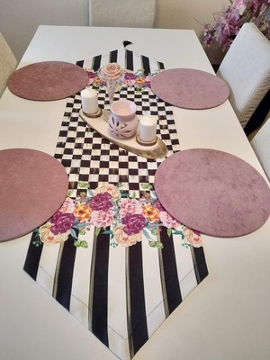Tr Ayşemce Amerikan Servis Takım 4 Pembe Renk Supla, Dama'lı,(Mackenzie Çiçek Desenli) Runner.