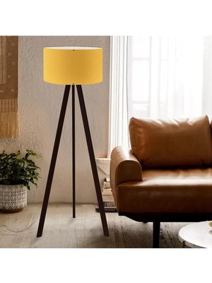Tr Bohhem Art Tripod Ahşap Ayaklı Lambader Köşe Lambası Sarı Kumaş Sarı