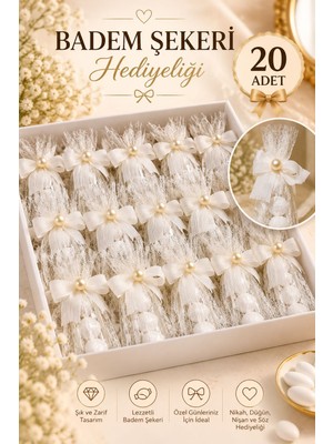 Mercan Hediyelik Krem Dantelli Kurdeleli Inci Detaylı Hediyelik Badem Şekeri | 20 Adet