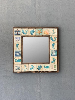 Tr Oscar Stone Decor Oscar Stone Ahşap Çerçeveli Mozaik Doğaltaş Ayna 33 cm x 33 cm Balkon Ayna