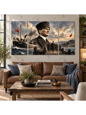 Gaagart 3’lü Kanvas Tablo Seti Orta Kare Yanlar Dikey Atatürk Portresi Istanbul Boğazı Türk Bayrağı Temalı Salon Ofis Dekoru