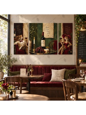 Gaagart 3’lü Kanvas Tablo Seti Orta Kare Yanlar Dikey Leopar Figürlü Şarap Keyfi Temalı Yeşil Bordo Vintage Salon Kafe Dekoru