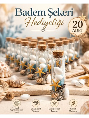 Mercan Hediyelik Deniz Kabuğu ve Deniz Yıldızı Süslemeli Cam Tüp Badem Şekeri Hediyeliği