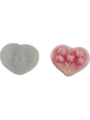 Depposite Silikon 3D Dekoratif Kalp Üzeri 5 Li Gül Kabartmalı Model Kalıp Mum,taş Tozu ve Beton Kalıbı 7.2x6 cm
