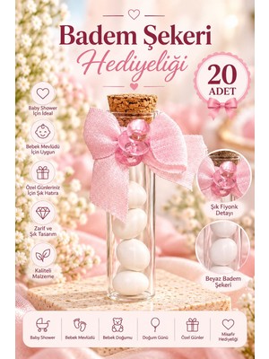 Mercan Hediyelik Pembe Fiyonk Badem Şekeri Hediyeliği – Baby Shower & Bebek Mevlüdü – 20 Adet