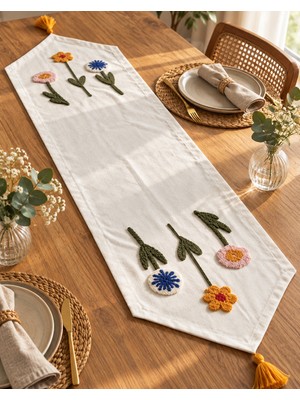 Fuens Punch Işlemeli Çiçek Desenli Keten Dekoratif Vintage Bohem 140X35 Runner Masa Süsü Örtüsü R008