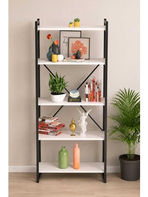 Tr Falez Dekoratif 5 Raflı Kitaplık Geniş Metal Kitaplık Dosya Rafı Ofis Salon Raf 180X66 Beyaz