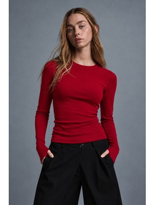 Asfaha Fashion Kadın Kırmızı Bisiklet Yaka Parmak Delikli Uzun Kollu Fitilli Body / Bluz