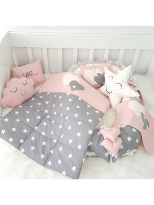 Tr Gri Yıldızlı Ortopedik Lüx 7'li Babynest Set, Pembe, %100 Organik Pamuk