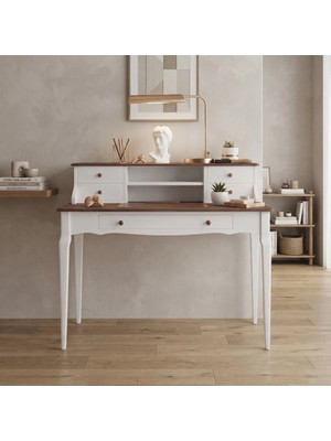 Wooding Mobilya 120 cm 5 Çekmeceli Beyaz Ceviz Raflı Konik Masif Çalışma Masası