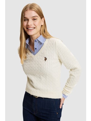 U.S. Polo Assn. Kadın Krem Melanj V Yaka Basic Kazak 50327575-VR159