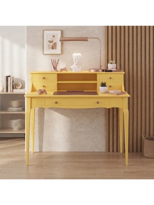 Wooding Mobilya 110 cm 5 Çekmeceli Sarı Raflı Konik Masif Çalışma Masası