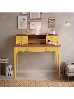 Wooding Mobilya 110 cm 5 Çekmeceli Sarı Ceviz Raflı Konik Masif Çalışma Masası