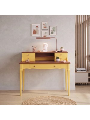 Wooding Mobilya 100 cm 5 Çekmeceli Sarı Ceviz Raflı Konik Masif Çalışma Masası