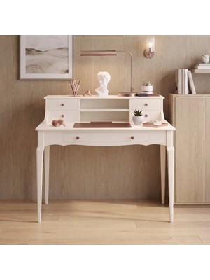 Wooding Mobilya 110 cm 5 Çekmeceli Krem Raflı Konik Masif Çalışma Masası