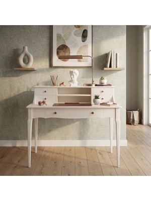 Wooding Mobilya 100 cm 5 Çekmeceli Krem Raflı Konik Masif Çalışma Masası
